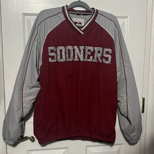🏈 Vintage OKLAHOMA SOONERS Polyester Pullover Jacket Fleece Lined Men Sz L -EUC